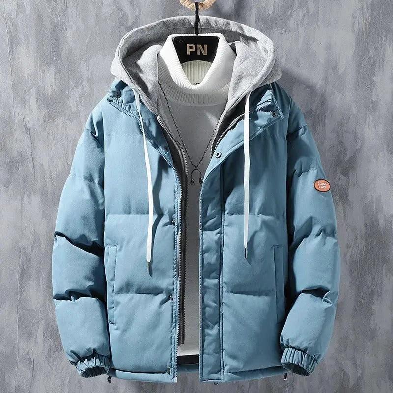 Fashion Hooded Jacket Men Winter Windproof Thickened Fake Two-piece Coat Solid Leisure Sports Cotton Jacket - MANDOTOS