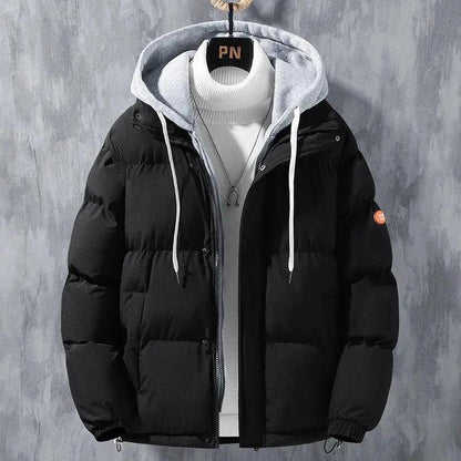 Fashion Hooded Jacket Men Winter Windproof Thickened Fake Two-piece Coat Solid Leisure Sports Cotton Jacket - MANDOTOS