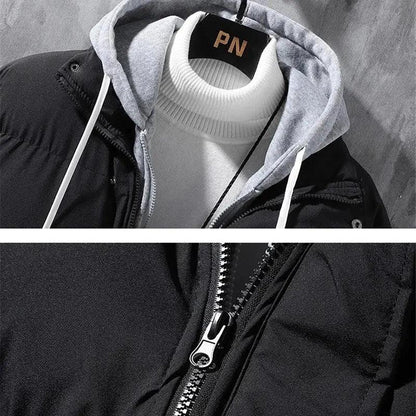 Fashion Hooded Jacket Men Winter Windproof Thickened Fake Two-piece Coat Solid Leisure Sports Cotton Jacket - MANDOTOS