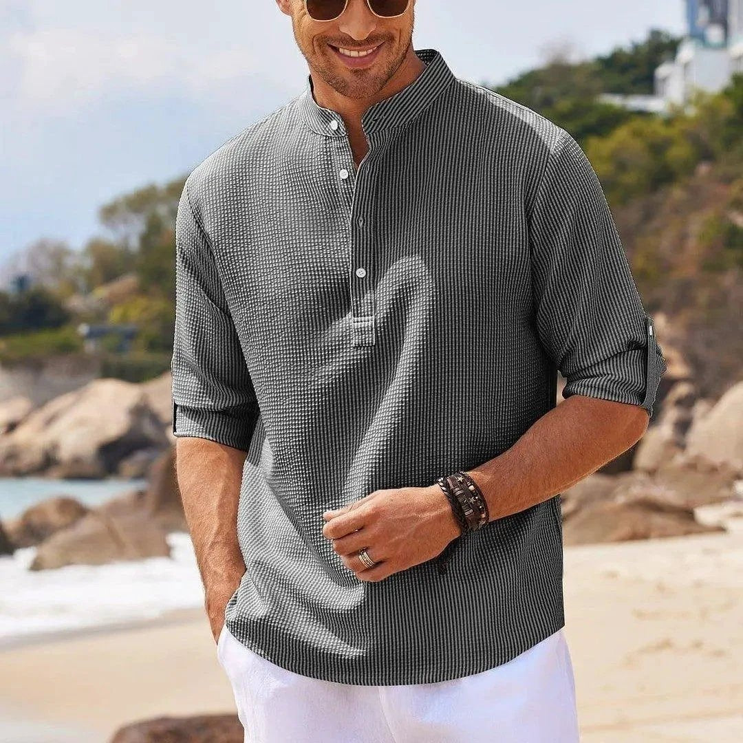 Men's Casual Shirt Long Sleeve Stand Collar Solid Color Shirt Mens Clothing - MANDOTOS