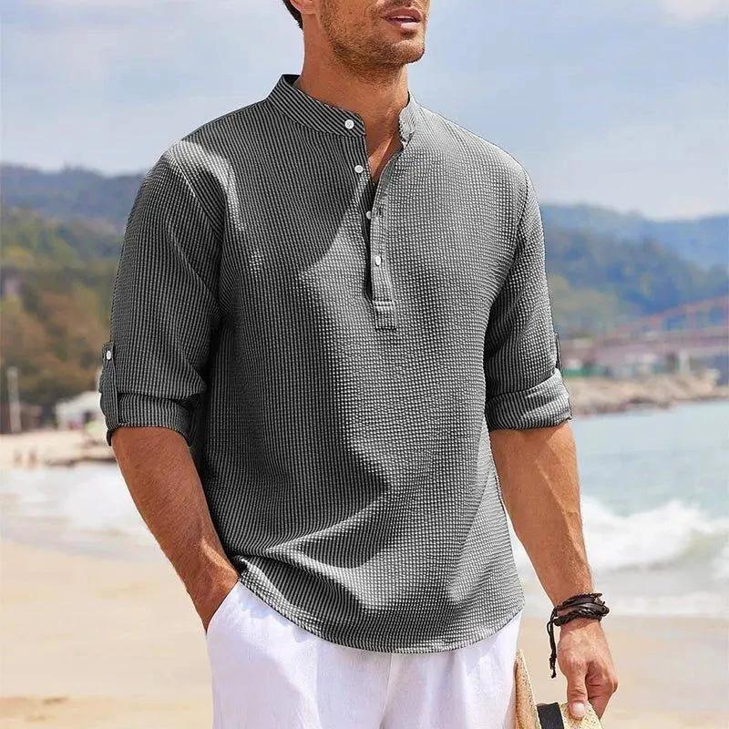 Men's Casual Shirt Long Sleeve Stand Collar Solid Color Shirt Mens Clothing - MANDOTOS