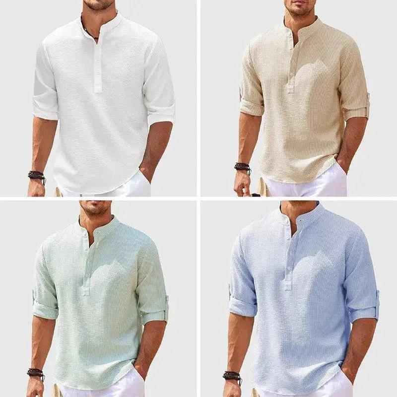 Men's Casual Shirt Long Sleeve Stand Collar Solid Color Shirt Mens Clothing - MANDOTOS