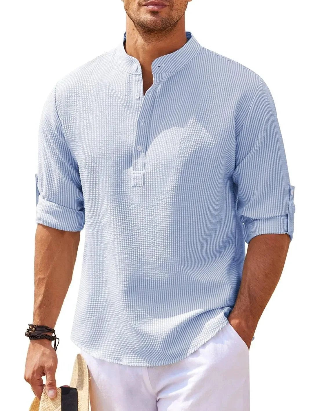 Men's Casual Shirt Long Sleeve Stand Collar Solid Color Shirt Mens Clothing - MANDOTOS