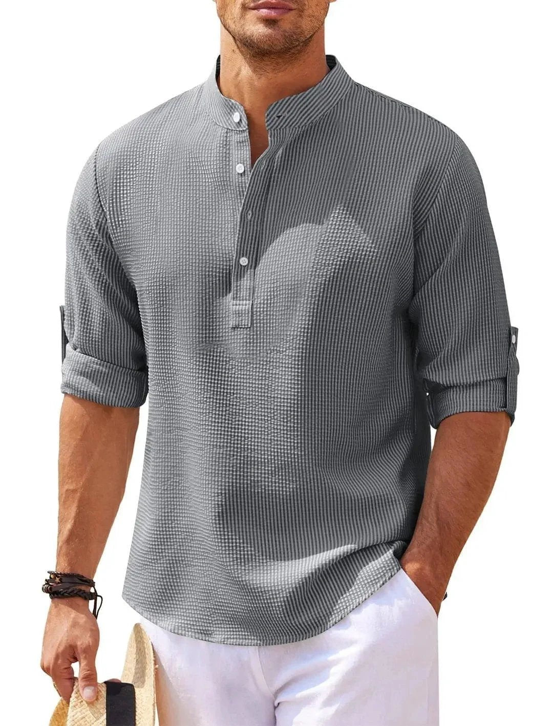 Men's Casual Shirt Long Sleeve Stand Collar Solid Color Shirt Mens Clothing - MANDOTOS
