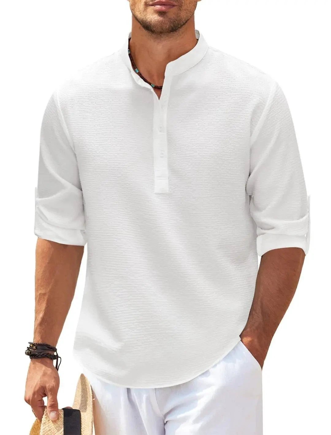 Men's Casual Shirt Long Sleeve Stand Collar Solid Color Shirt Mens Clothing - MANDOTOS