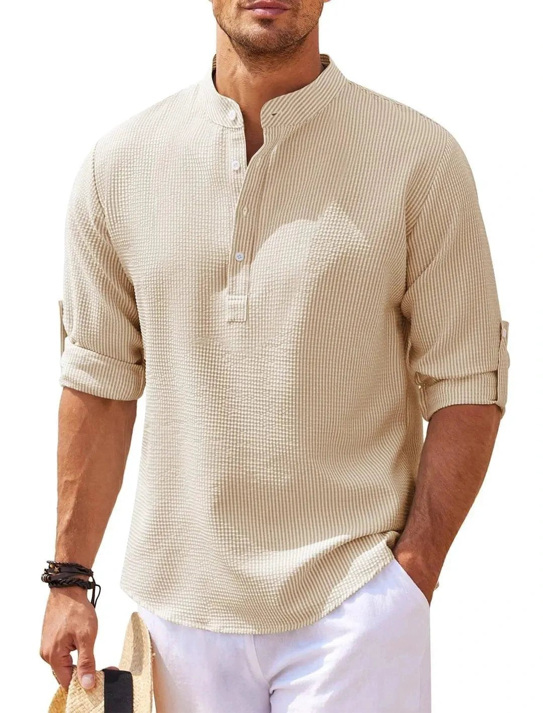 Men's Casual Shirt Long Sleeve Stand Collar Solid Color Shirt Mens Clothing - MANDOTOS