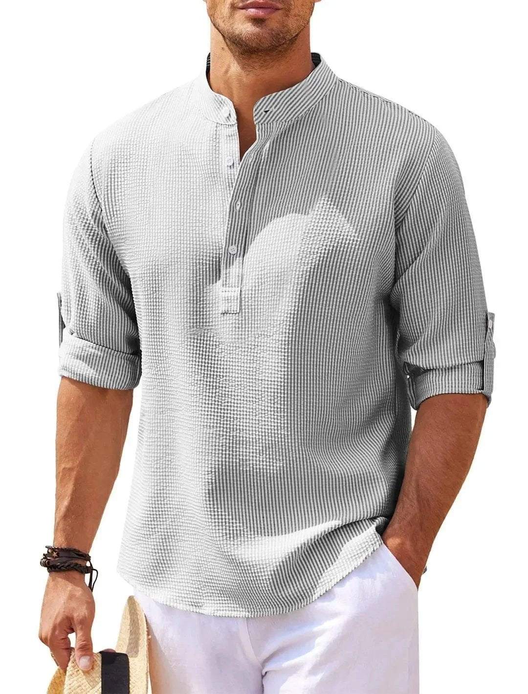 Men's Casual Shirt Long Sleeve Stand Collar Solid Color Shirt Mens Clothing - MANDOTOS