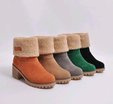 "Mid-Tube Thick Heel Suede Snow Boots - MANDOTOS"