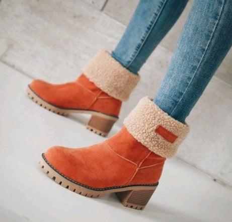 "Mid-Tube Thick Heel Suede Snow Boots - MANDOTOS"