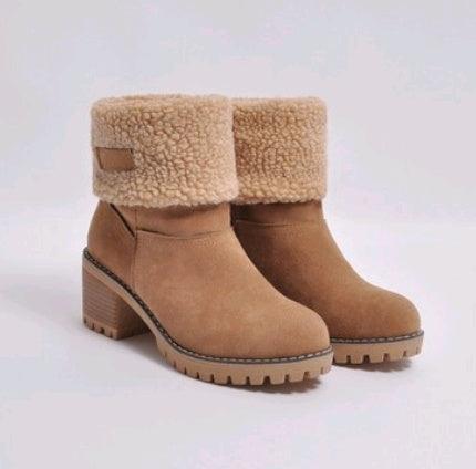 "Mid-Tube Thick Heel Suede Snow Boots - MANDOTOS"