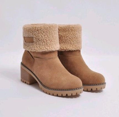 "Mid-Tube Thick Heel Suede Snow Boots - MANDOTOS"