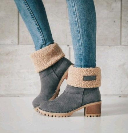"Mid-Tube Thick Heel Suede Snow Boots - MANDOTOS"