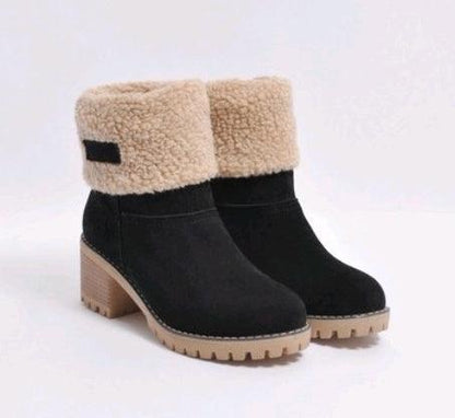 "Mid-Tube Thick Heel Suede Snow Boots - MANDOTOS"