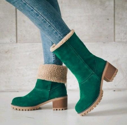 "Mid-Tube Thick Heel Suede Snow Boots - MANDOTOS"