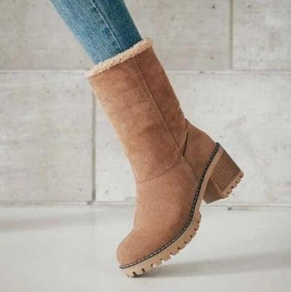 "Mid-Tube Thick Heel Suede Snow Boots - MANDOTOS"