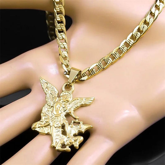 "SAINT MICHAEL PROTECT US Archangel Stainless Steel Pendant Necklace for Women Men Gold Color Necklace Choker Jewelry Collares - MANDOTOS"