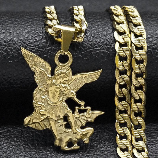 "SAINT MICHAEL PROTECT US Archangel Stainless Steel Pendant Necklace for Women Men Gold Color Necklace Choker Jewelry Collares - MANDOTOS"
