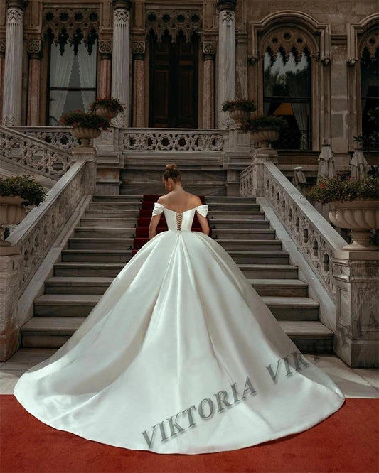 "VIKTORIA Princess Satin Wedding Dresses For Woman 2025 Bride Ball Gowns Off Shoulder Lace Up Vestidos De Novia Customized - MANDOTOS"