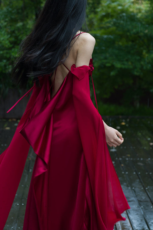 "Luxury Satin Wine Red Wedding Photo Gown - MANDOTOS"