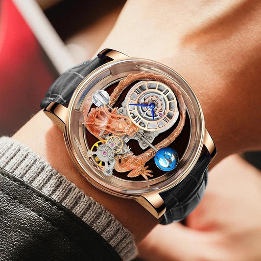 "PINDU Design Art astronomique Sculpture Traditionnelle Artisanat Dragon dor en Trois Dimensions Men Watch Transparent Case Globe - MANDOTOS"