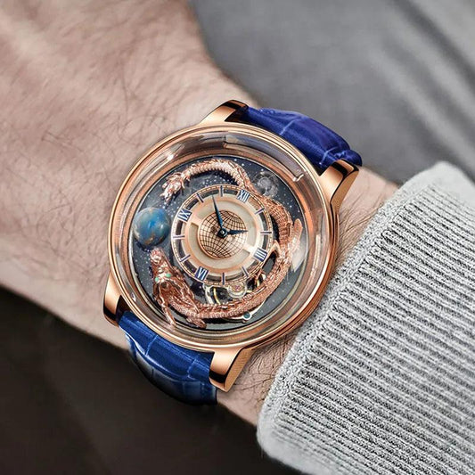 "PINDU Design Art astronomique Sculpture Traditionnelle Artisanat Dragon dor en Trois Dimensions Men Watch Transparent Case Globe - MANDOTOS"