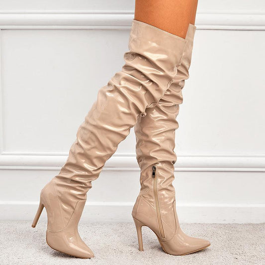 "High Heel Elastic Knee Length Patent Leather Boots - MANDOTOS"