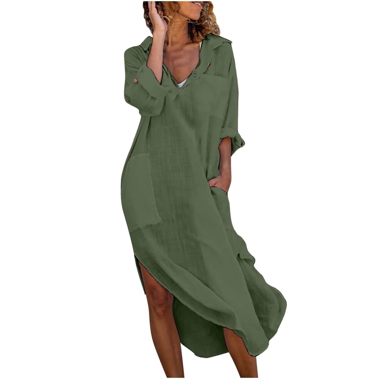 2024 Chic Midi Shirt Dress in Slub Cotton