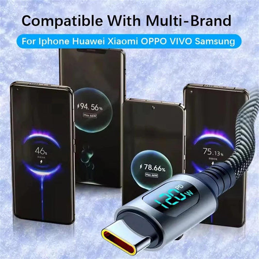 6A 120W USB A To Type C Super Fast Charge Cable Nylon Data Cord For Xiaomi Redmi POCO Samsung With Led Digital Display Cable - MANDOTOS