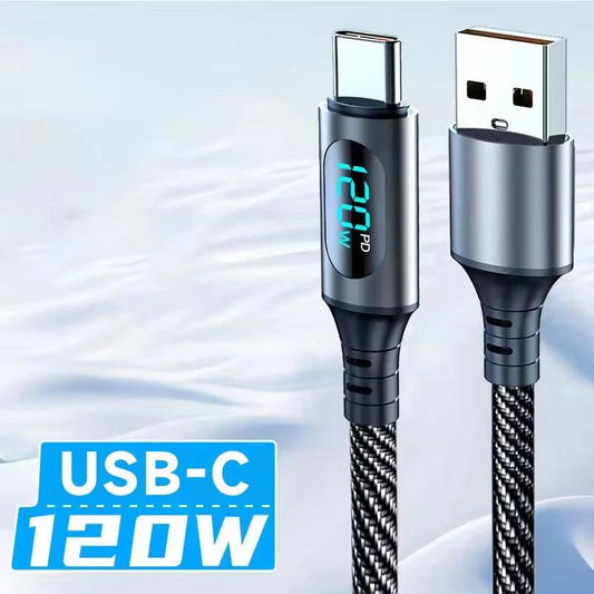 6A 120W USB A To Type C Super Fast Charge Cable Nylon Data Cord For Xiaomi Redmi POCO Samsung With Led Digital Display Cable - MANDOTOS
