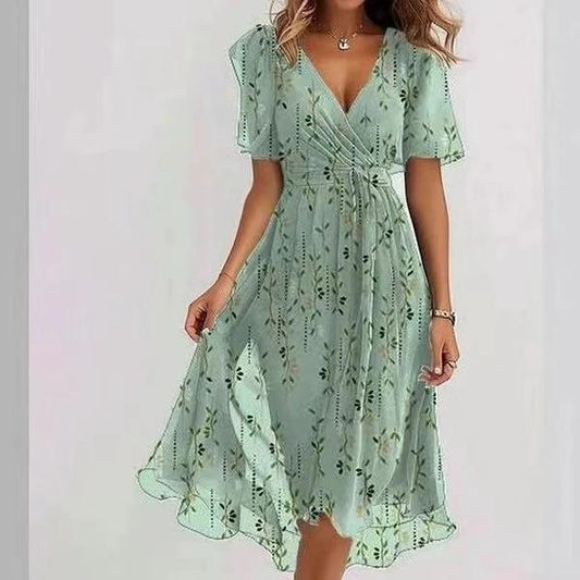 Chiffon Printed Short Sleeve Dress Summer Elegant V-neck Dresses Womens Clothing MANDOTOS