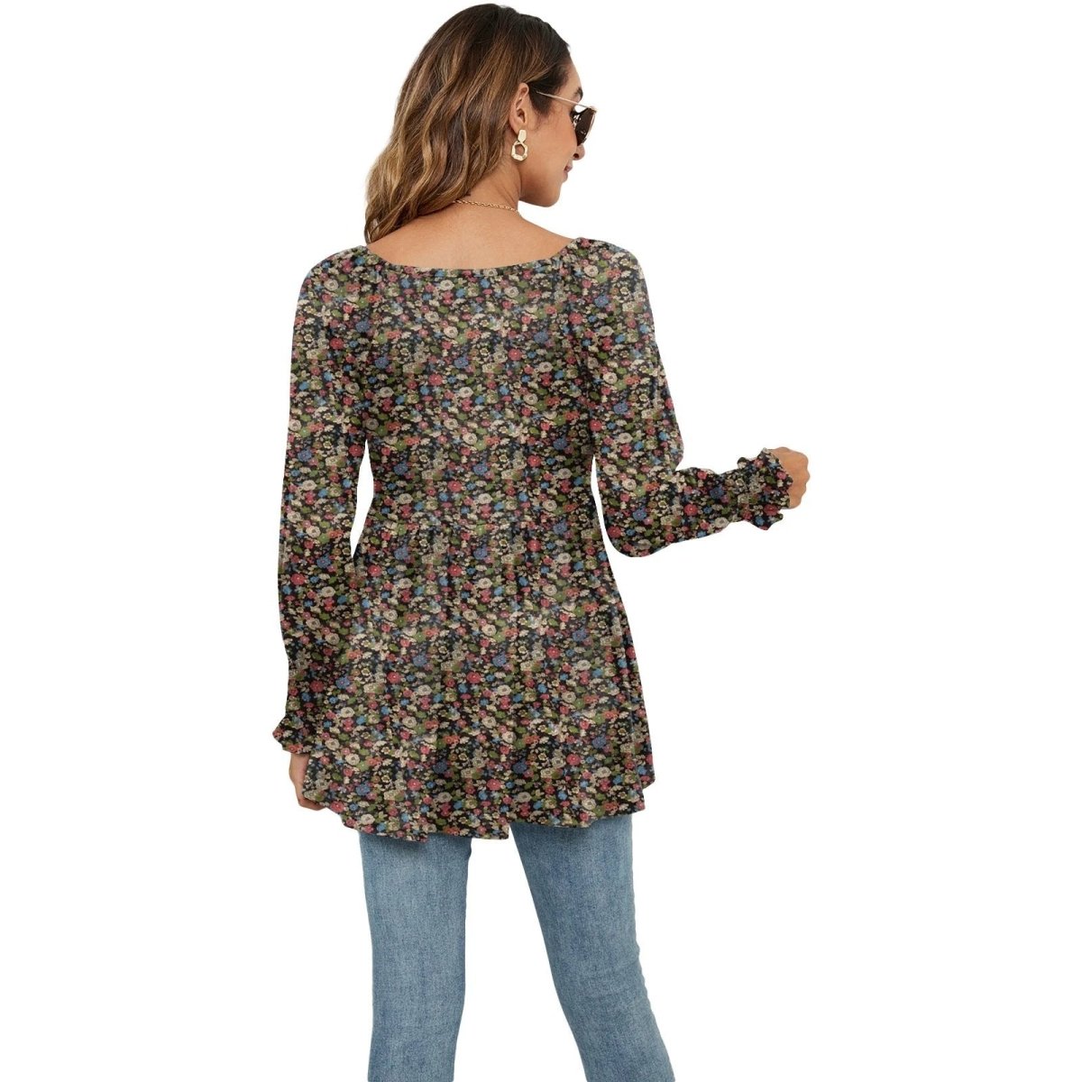 Long Puff Sleeve Tops Women Flowers Print Casual V - Neck Blouse T-Shirts Babydoll Tops - MANDOTOS INTERNATIONAL0