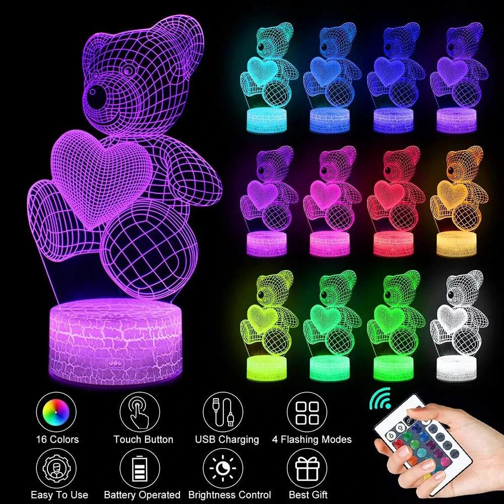 Mandotos 3D Teddy Bear Lamp Acrylic USB LED Night Light 16 Colors Remote Control MANDOTOS