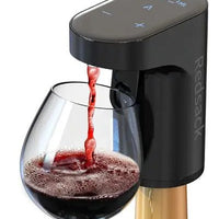 Smart Wine Pourer by Mandotos International, black device with digital touch controls pouring red wine into a glass