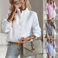 Striped Long Sleeve Shirt Fashion Ruffle Design Button Up Tops Casual Office Blouse Elegant Commuting Women's Clothing - MANDOTOS INTERNATIONAL0