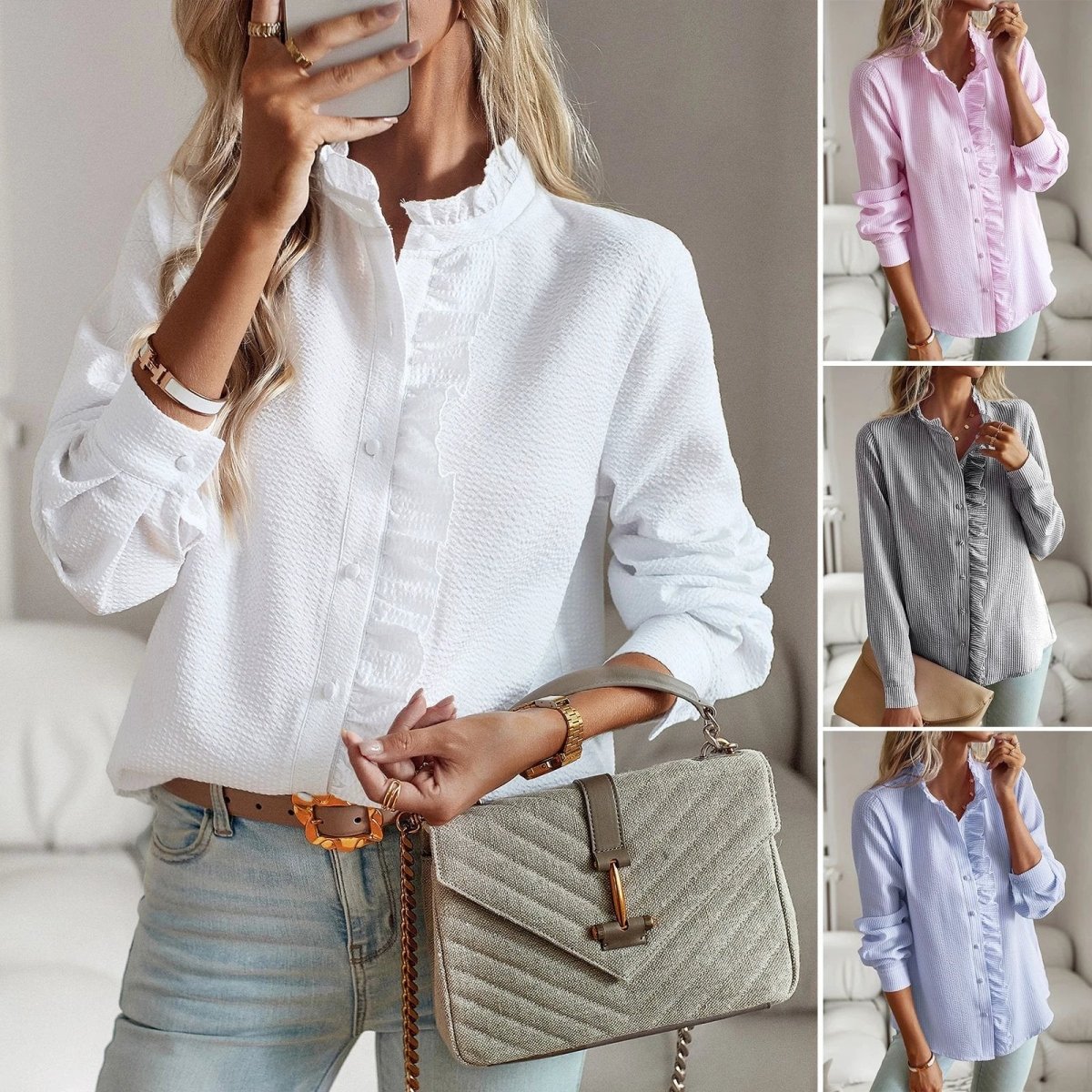 Striped Long Sleeve Shirt Fashion Ruffle Design Button Up Tops Casual Office Blouse Elegant Commuting Women's Clothing - MANDOTOS INTERNATIONAL0