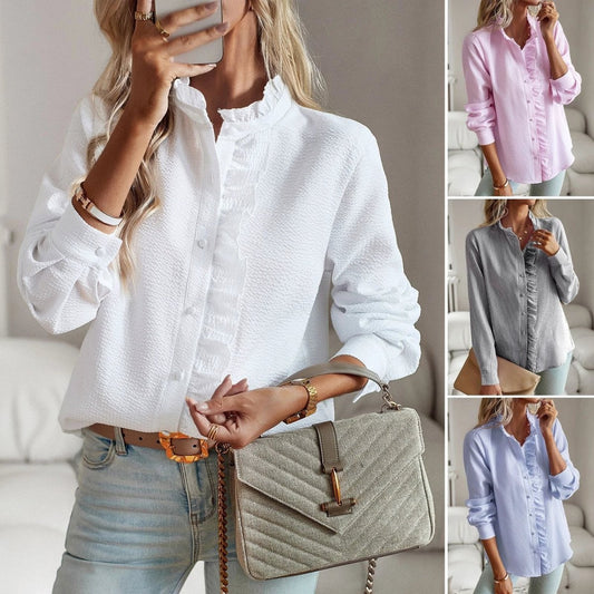 Striped Long Sleeve Shirt Fashion Ruffle Design Button Up Tops Casual Office Blouse Elegant Commuting Women's Clothing - MANDOTOS INTERNATIONAL0