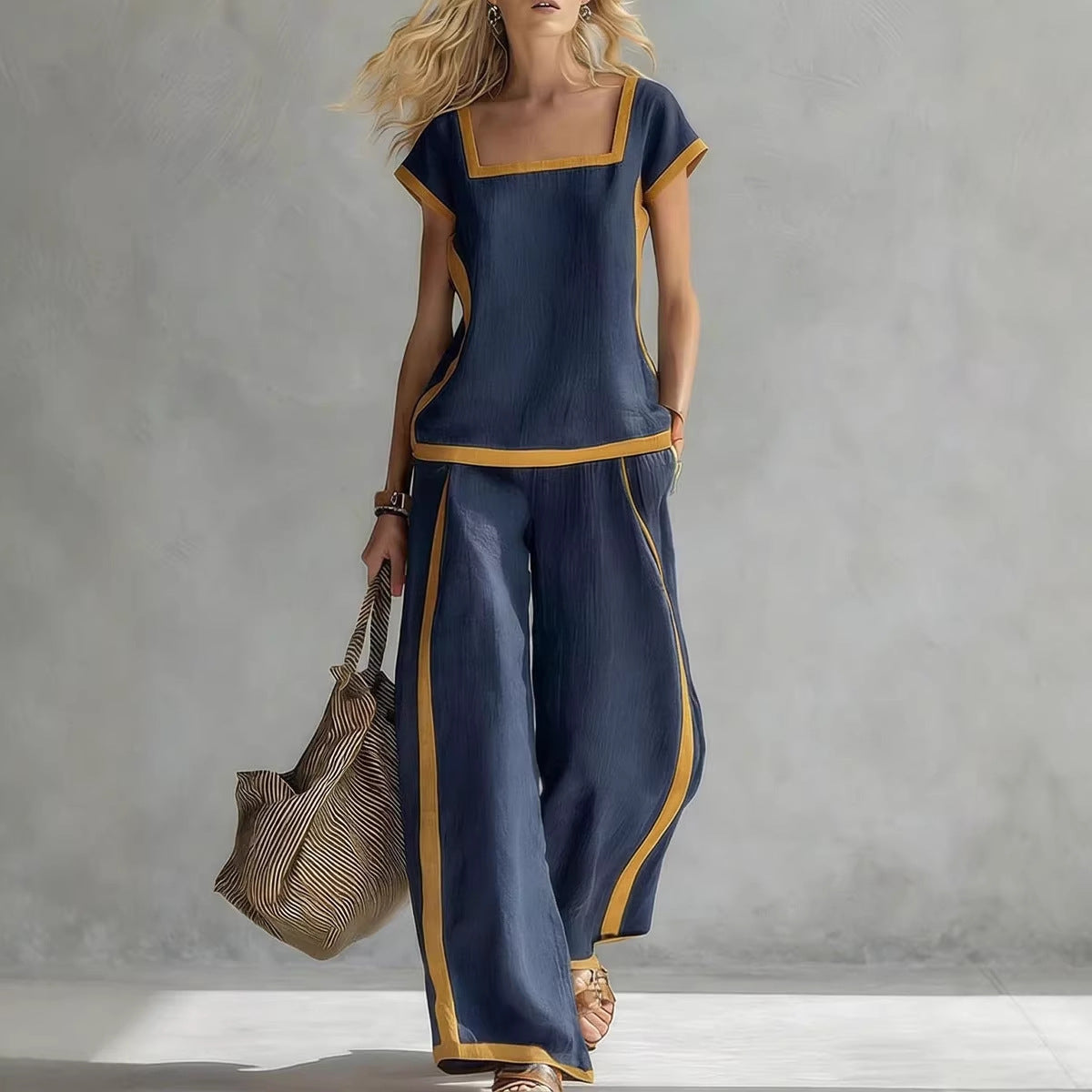Square-Neck Three-Quarter Sleeve Loose Top & Pants Two-Piece Set - MANDOTOS INTERNATIONALTwo-Piece Set