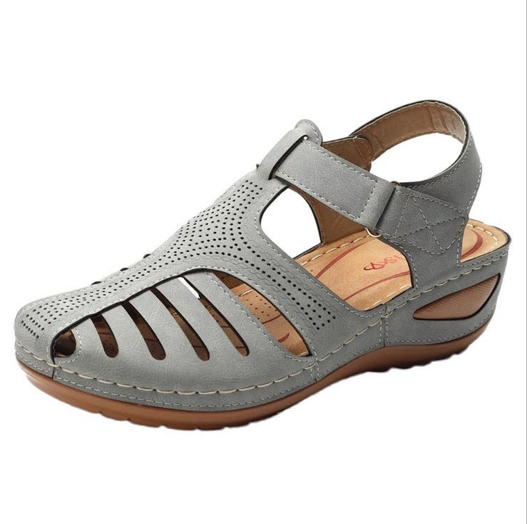Ancient Energy women's plus-size retro sandals: grey wedge with round toe, perforated cutouts, slingback.