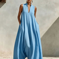 Linen Blend Sleeveless Stand-Collar Maxi Dress – 5 Colors S–3XL