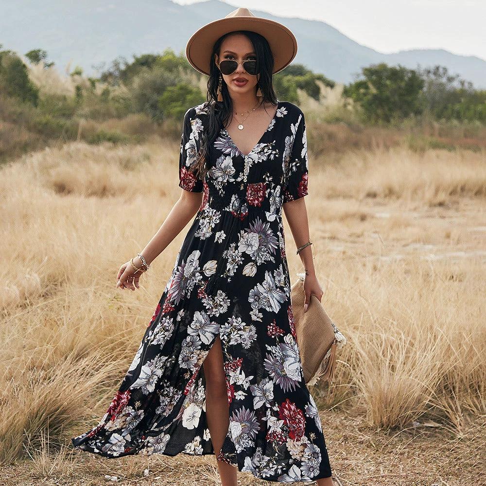 Floral Summer Beach Dress With V Neck Elastic Waist Dresses For Women MANDOTOS