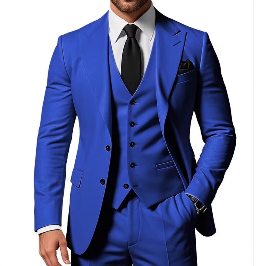 New men's three-piece royal blue business suit with vest, white shirt and black tie