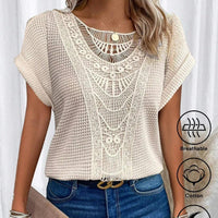 Summer hollow-out short-sleeve crochet top for women in beige with boho ethnic lace details.