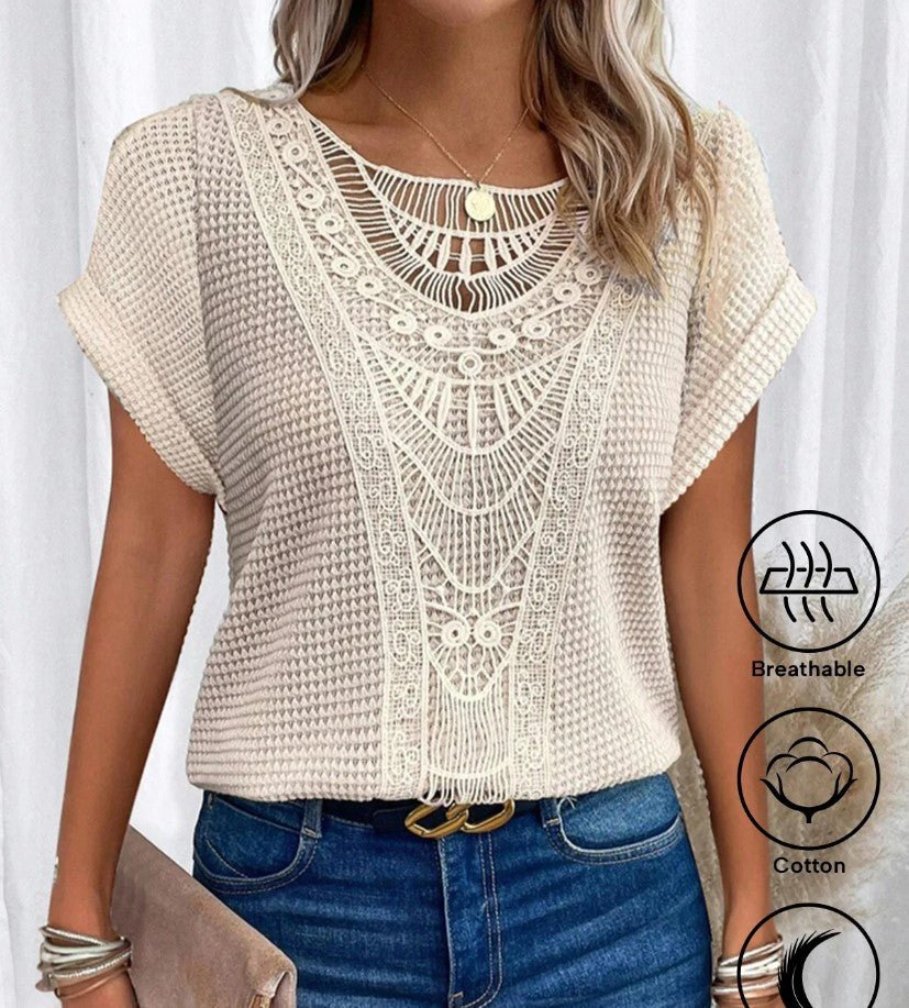 Summer hollow-out short-sleeve crochet top for women in beige with boho ethnic lace details.