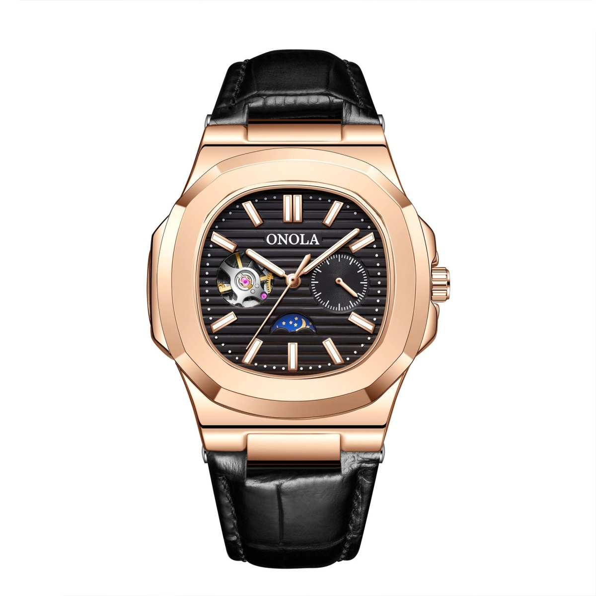 Mechanical watch ONOLA with rose-gold case, black striped dial, moon phase and skeleton display, black leather strap