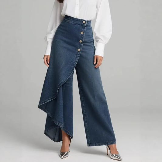 Unique straight-leg pants by Ancient Energy with asymmetrical wrap and button-front denim in blue