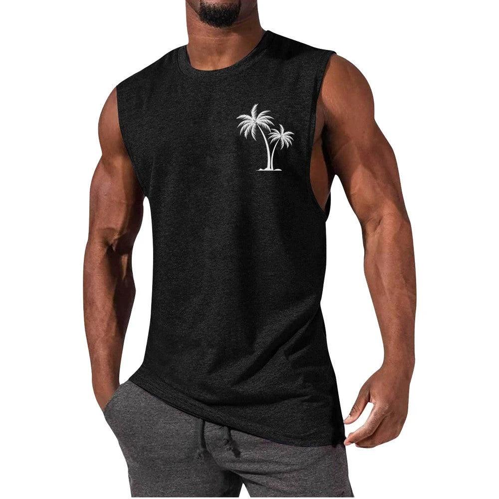 Mandotos Coconut Tree Embroidery Vest Men Tank Top For Summer Beach Workout Muscle Tee - MANDOTOS