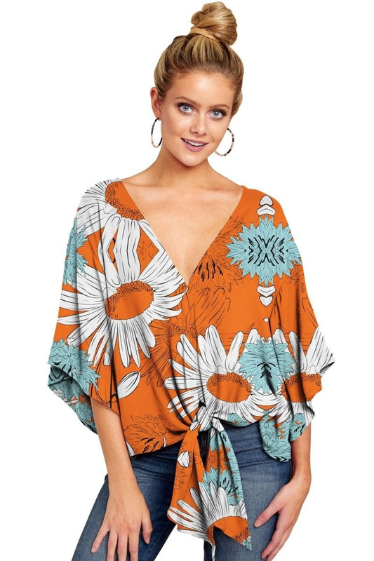 New V Neck Blouse Women Leopard Print Shirts Floral Tie Front Blouses Batwing Summer Oversize Ladies Tops - MANDOTOS INTERNATIONAL0