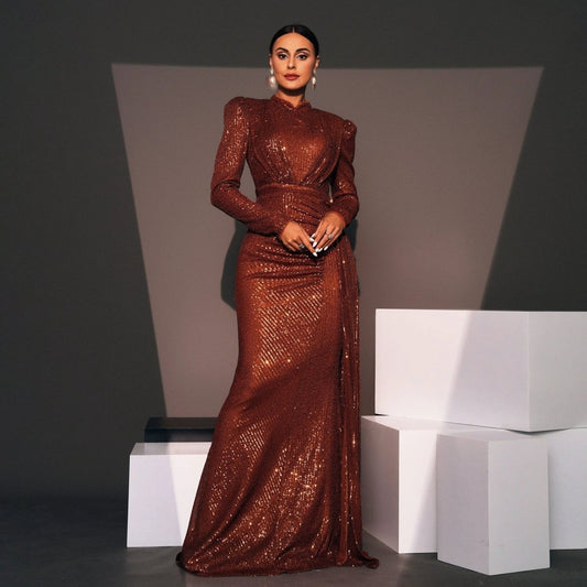 Long Sleeve Round Neck Sexy Slim Long Sequined Banquet Dress MANDOTOS