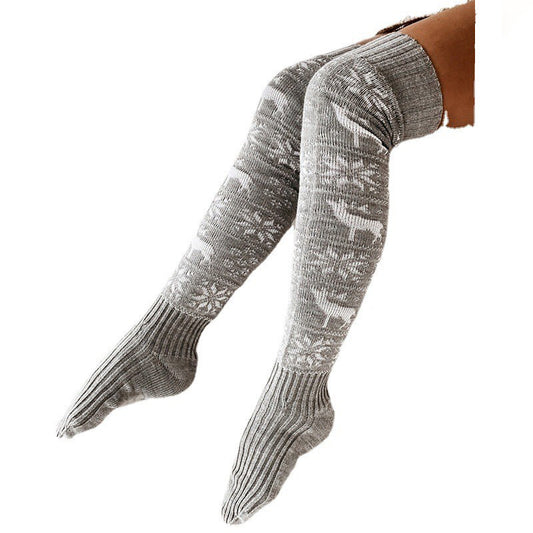 Winter Christmas Warm Knitted Women Stocking Beautiful Elk Snowflake Jacquard Over-the-knee Casual Long Socks For Ladies Gifts Free Size - MANDOTOS