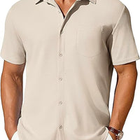 Men's short-sleeve wrinkle-resistant button-up shirt in beige with chest pocket by Ancient Energy